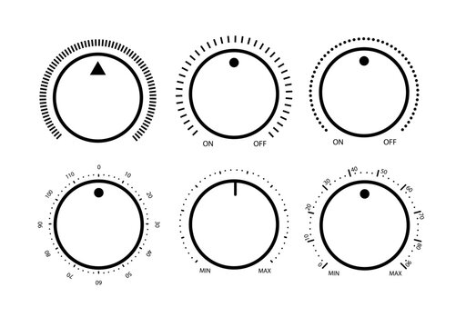 Adjustment dial. Rotary dials with round scale volume level knob and round controller.