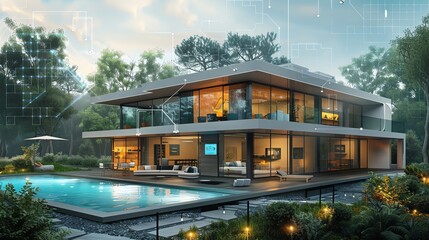 Green technology in a modern home, energy-efficient appliances and smart systems in use