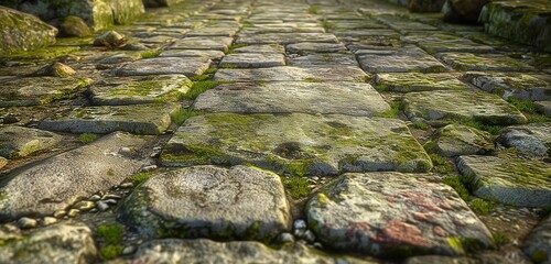 A smooth, stone pathway, its uniformity interrupted by moss and lichen stains, the natural elements adding a touch of wild, untamed beauty to the hewn stones. 32k, full ultra hd, high resolution