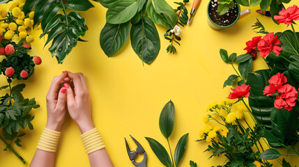 Female hands with gardening tools and plants on color