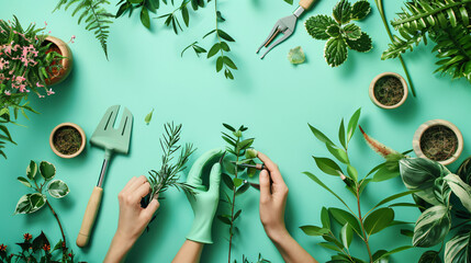 Female hands with gardening tools and plants on color