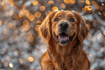 Adorable golden retriever Dog Celebrating 2024 with Golden Confetti on White Background: Joyful New Year Concept. Postcard with copy space for text for new year with pet，Joyful Golden Retriever