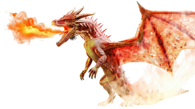 Fire breathing dragon isolated on white background.