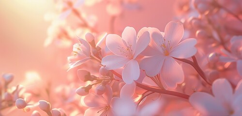 A soft, blush pink background gently illuminated by the morning sun, creating a warm, inviting canvas perfect for showcasing delicate spring flowers in full bloom. 32k, full ultra hd, high resolution - obrazy, fototapety, plakaty