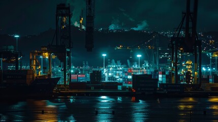 The vibrant nightlife of a bustling port city, with the waterfront alive with a myriad of colorful lights and the silhouettes of cargo ships standing tall against the night sky
