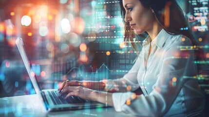 Businesswoman with laptop in financial technology fintech concept