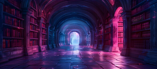 Magical paper art library filled with ancient tomes in a mystical ethereal passageway