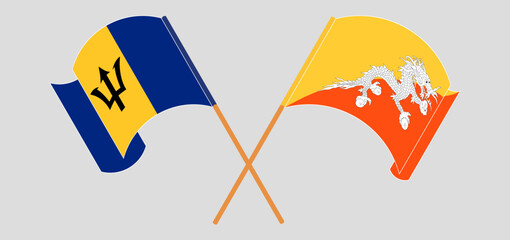 Crossed and waving flags of Barbados and Bhutan