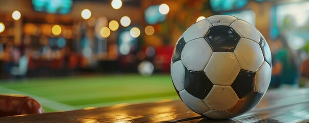 Fototapeta premium A soccer ball on a table in a pub. Broadcast of football matches in the bar. The fan club. Sports bar