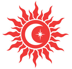 Crescent moon and star in the form of a sun. Vector illustration