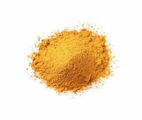 Pile of dry curry powder isolated on white, above view