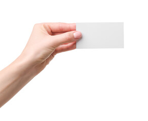 Obraz premium Woman holding blank business card on white background, closeup. Space for text