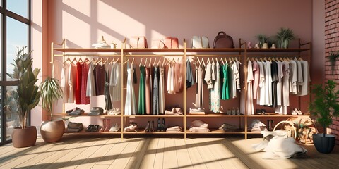 Fashionable clothes hanging on a shelf in a fashion store 3d rendering