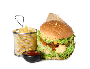 Burger with delicious patty, french fries and sauce isolated on white
