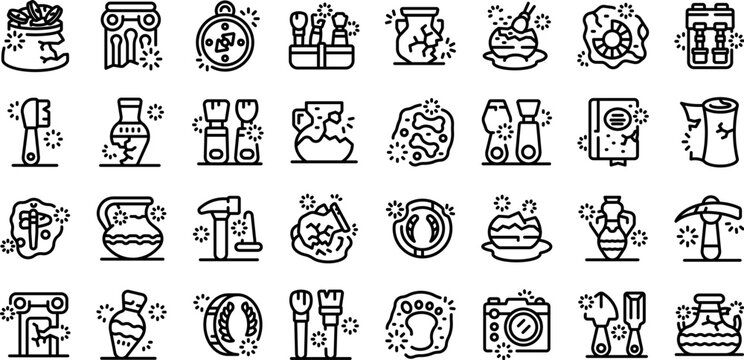Excavation tools icons set outline vector. Inventory ancient. Antique treasures