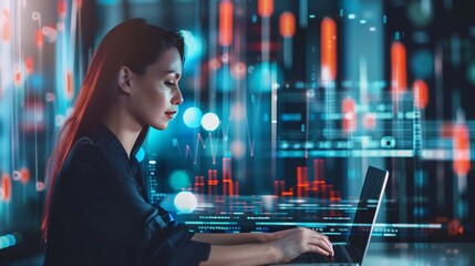 Businesswoman with laptop in financial technology fintech concept