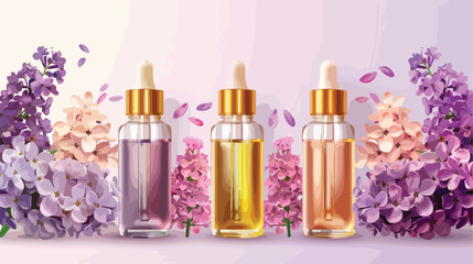 Bottles of cosmetic oil with beautiful lilac flowers