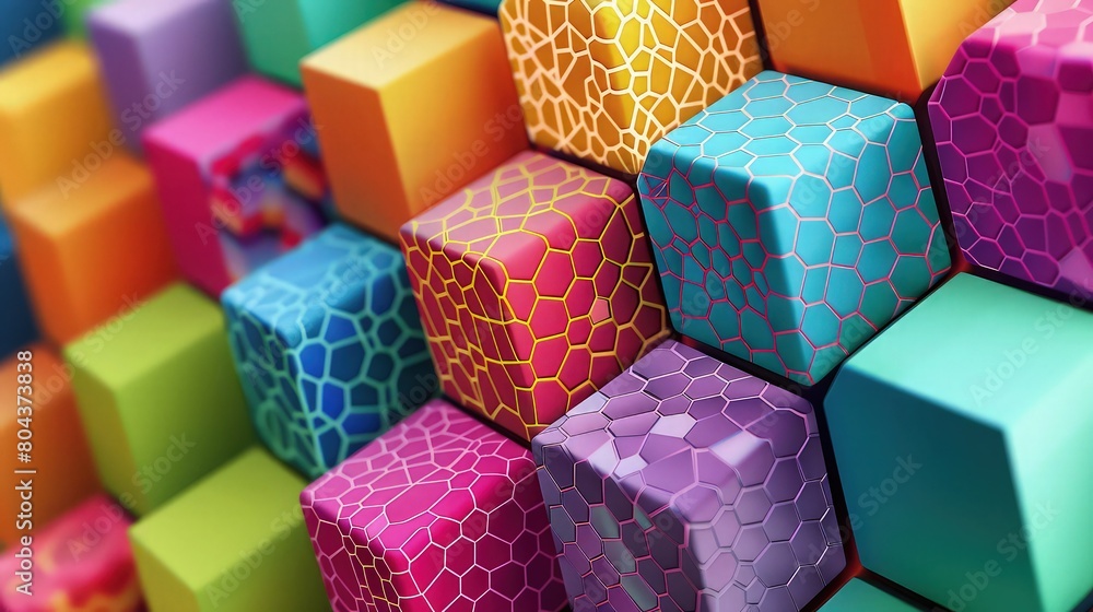 Poster A playful and colorful abstract made up of randomly placed, multi-colored hexagons that fit together like a puzzle