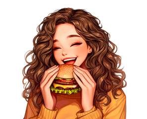 ハンバーガーをおいしそうに食べるロングヘアの若い女性