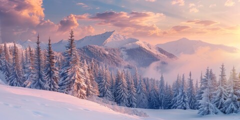 Incredible winter landscape with snowcapped pine trees in frosty morning. Amazing nature scenery in...