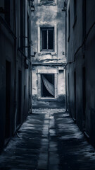 Fototapeta premium A cobblestone street winding through the historic buildings of an old European town.