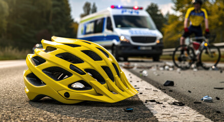 A yellow and white mountain bike helmet on the ground next to an ambulance with its lights flashing...