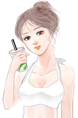 スムージーで糖質制限ダイエットをする理想的なモデル体型の美女イラスト