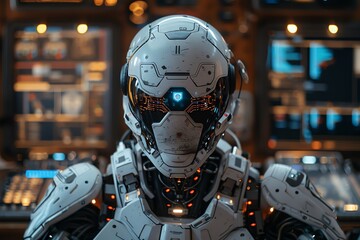 A futuristic workshop where robotics engineers assemble an AI-driven humanoid, tools scattered, blueprints on digital screens, soft LED lighting