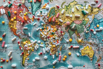Vivid display of various colorful pills and capsules, including critical care medicines, artistically spread across a patterned fabric, highlighting health and medication.