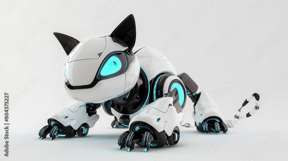 Poster create a 3d model of a robotic cat. the cat should be white and blue, with a sleek, futuristic desig