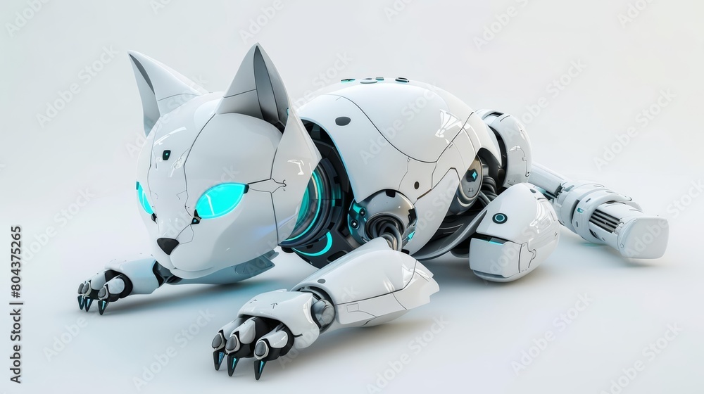 Poster generate a 3d model of a robotic cat. the cat should be white and have blue eyes. it should be in a 