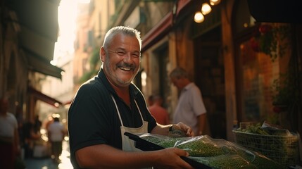 Middle aged man running eco friendly farm market, packing local produce with joy