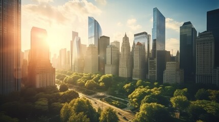 Central park aerial view  nature, picnicking people, manhattan skyscrapers at sunset