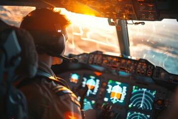 A pilot wearing a headset sits in the cockpit of an airplane