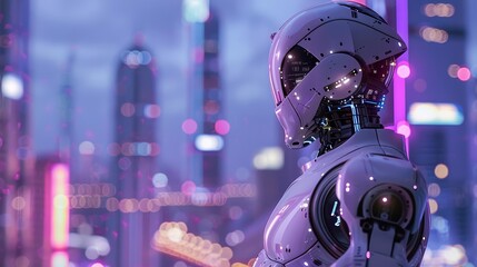 Generate a cinematic concept art of a robot standing on the edge of a building, looking out over a futuristic city