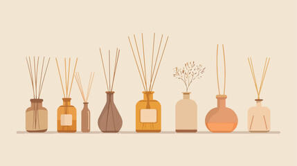 Bottles of reed diffuser on beige background Vector style