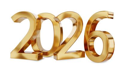 2026 golden symbol number 3d-illustration, metallic glossy isolated new years change