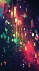 Abstract background featuring interwoven cubes and shimmering stars.