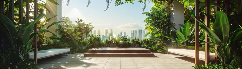 Fototapeta premium A lush rooftop garden with a view of the city skyline