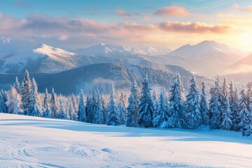 Incredible winter landscape with snowcapped pine trees in frosty morning. Amazing nature scenery in winter mountain valley. Awesome natural Background. Soft light effect. High quality photo