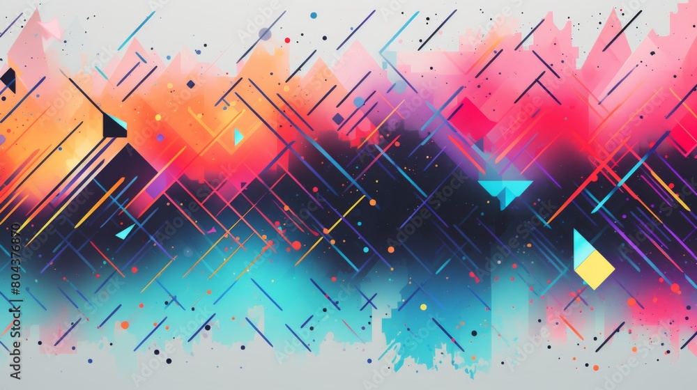 Poster a dynamic abstract painting featuring colorful shapes and lines intertwining with energy and movemen