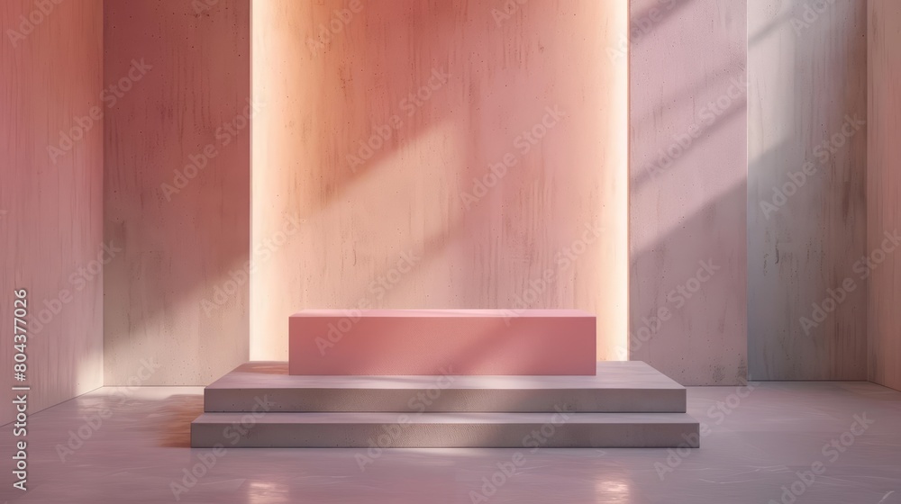 Poster create a 3d rendering of a pink podium in an empty room with indirect lighting.