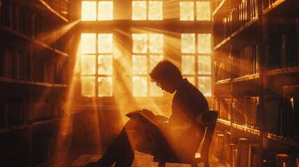 A student is reading a book in a library