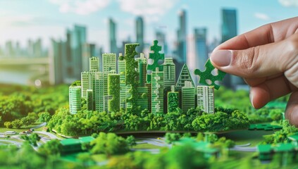 Hand carefully connects jigsaw puzzle pieces, featuring elements of a green cityscape, symbolizing the collaborative effort in building sustainable urban communities - Powered by Adobe