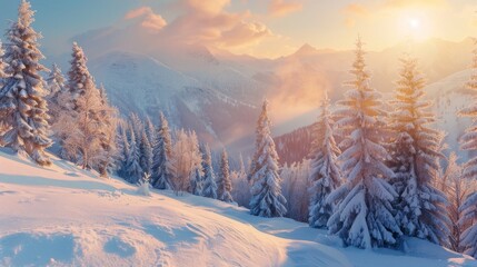 Incredible winter landscape with snowcapped pine trees in frosty morning. Amazing nature scenery in winter mountain valley. Awesome natural Background. Soft light effect. High quality photo