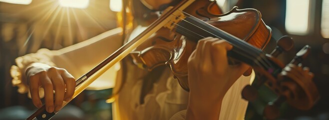 A violinist passionately playing her violin, lost in the moment, with the sun rays shining through the window.