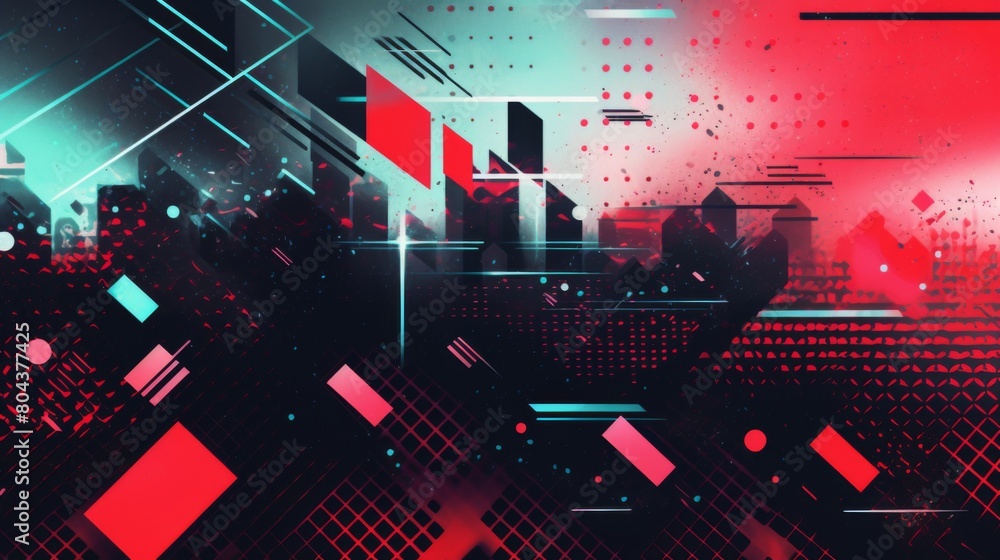 Poster red and black squares and rectangles converge in an abstract design.
