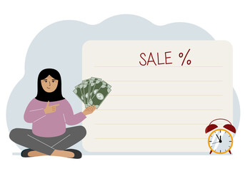 The women sits cross-legged and holds a lot of cash. Nearby is a poster with the text sale and a percent sign. Sale, discount or black friday concept. Vector flat illustration