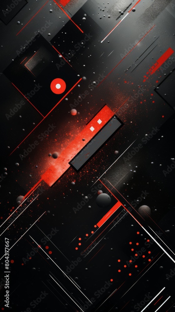 Poster black and red abstract composition with contrasting shapes and textures.