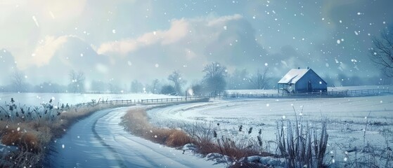 A beautiful winter landscape with a snow-covered road and a house in the distance